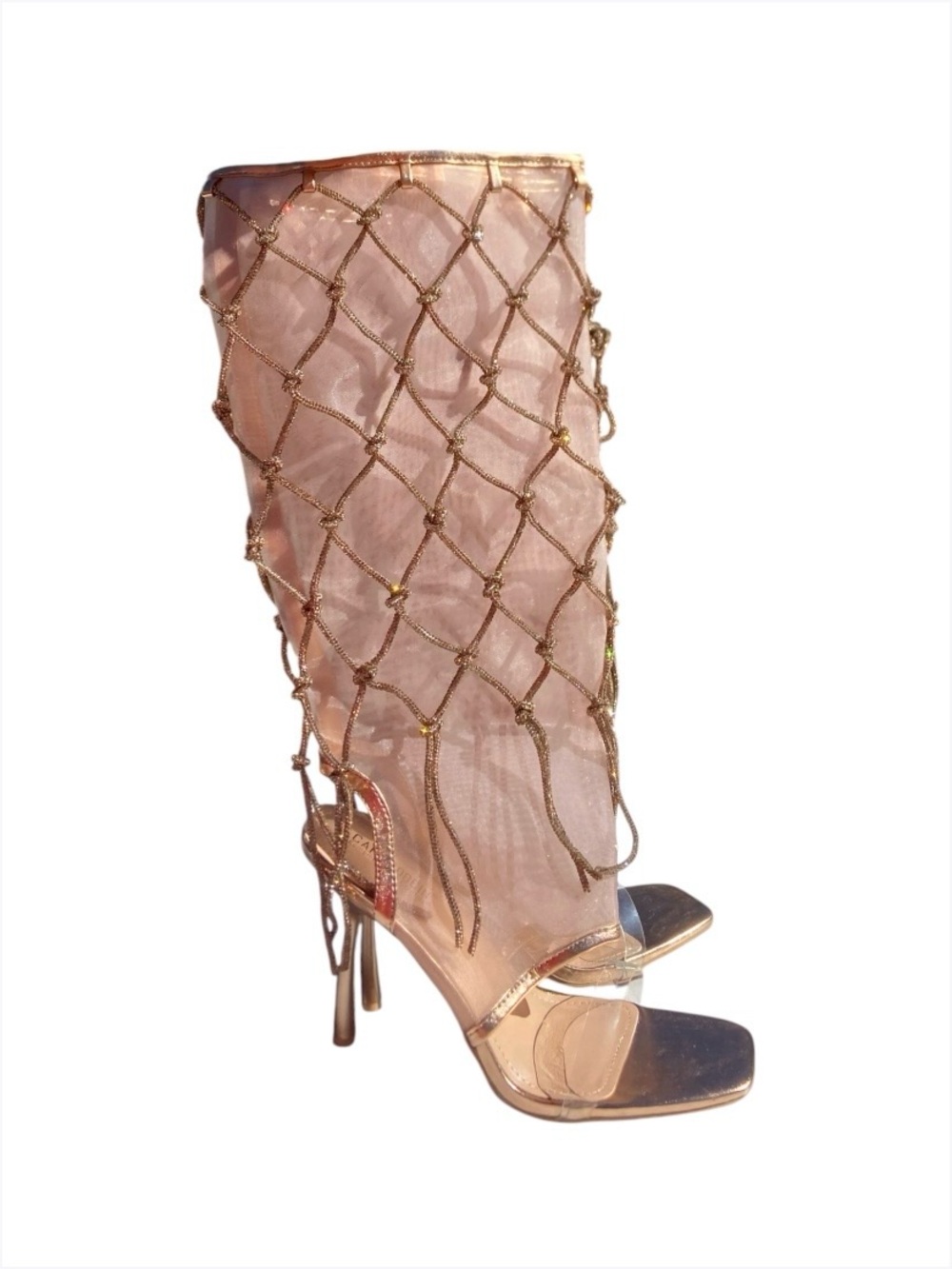 Women's Rose Gold Rhinestone Net Knee-High Heels, 10 - Picture 3 of 8